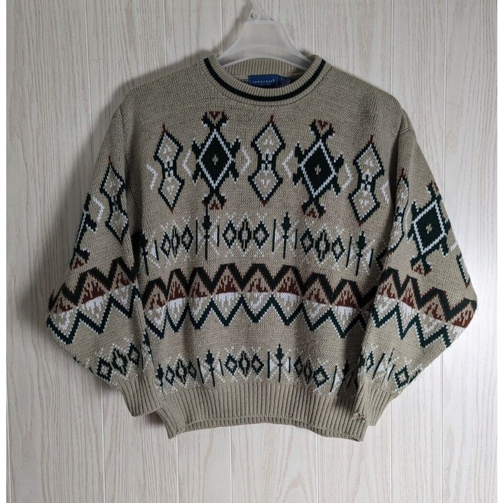 Towncraft Sweater Aztec Knit 90s Mens Large Cosby Grandpa Brown Vintage *READ*
